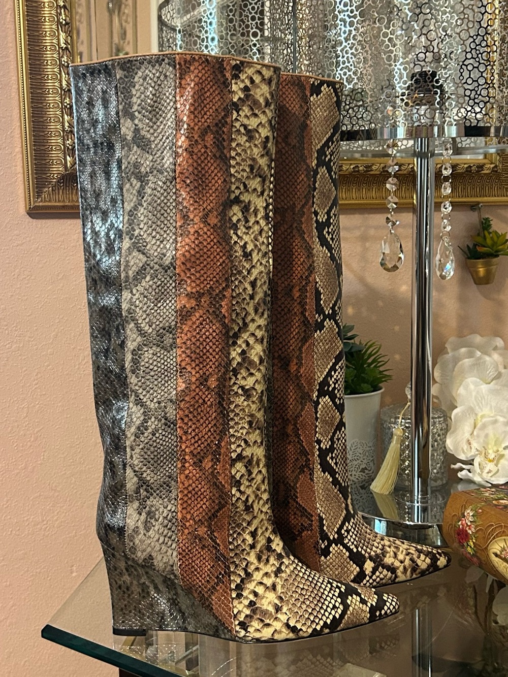 Cynthia Rowley Multi-Color Snake Embossed Patchwork Leather Wedge Boot Size 8.5 - Picture 4 of 16